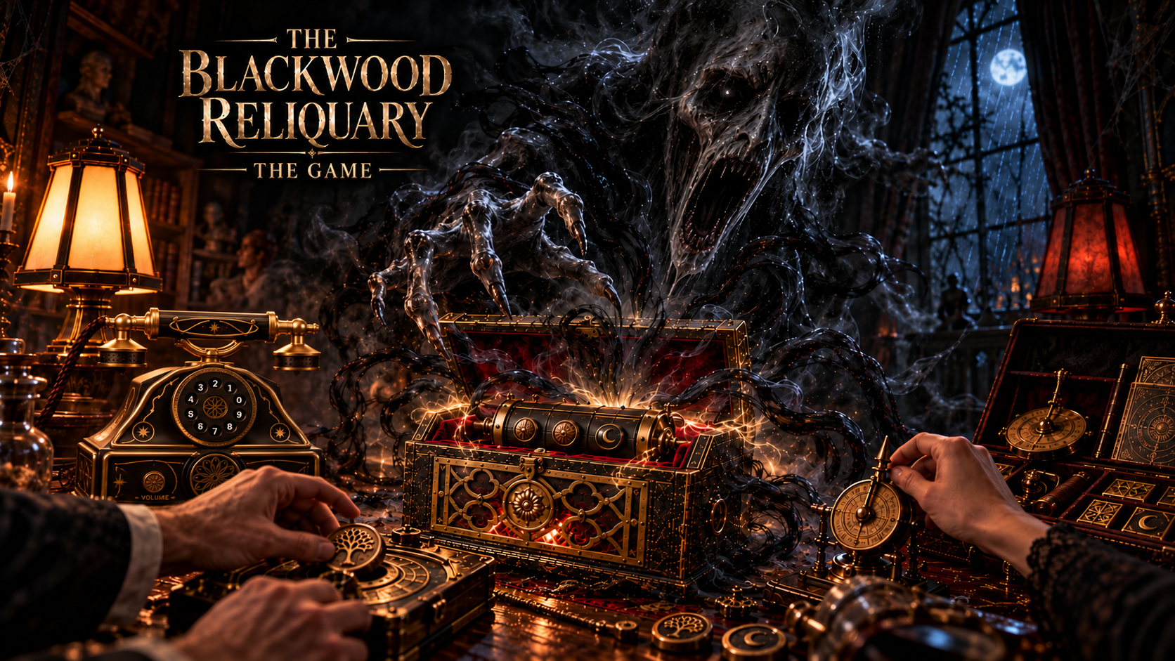 Promotional concept render for The Blackwood Reliquary: players using mysterious objects as a supernatural spirit rises from an ornate chest.
